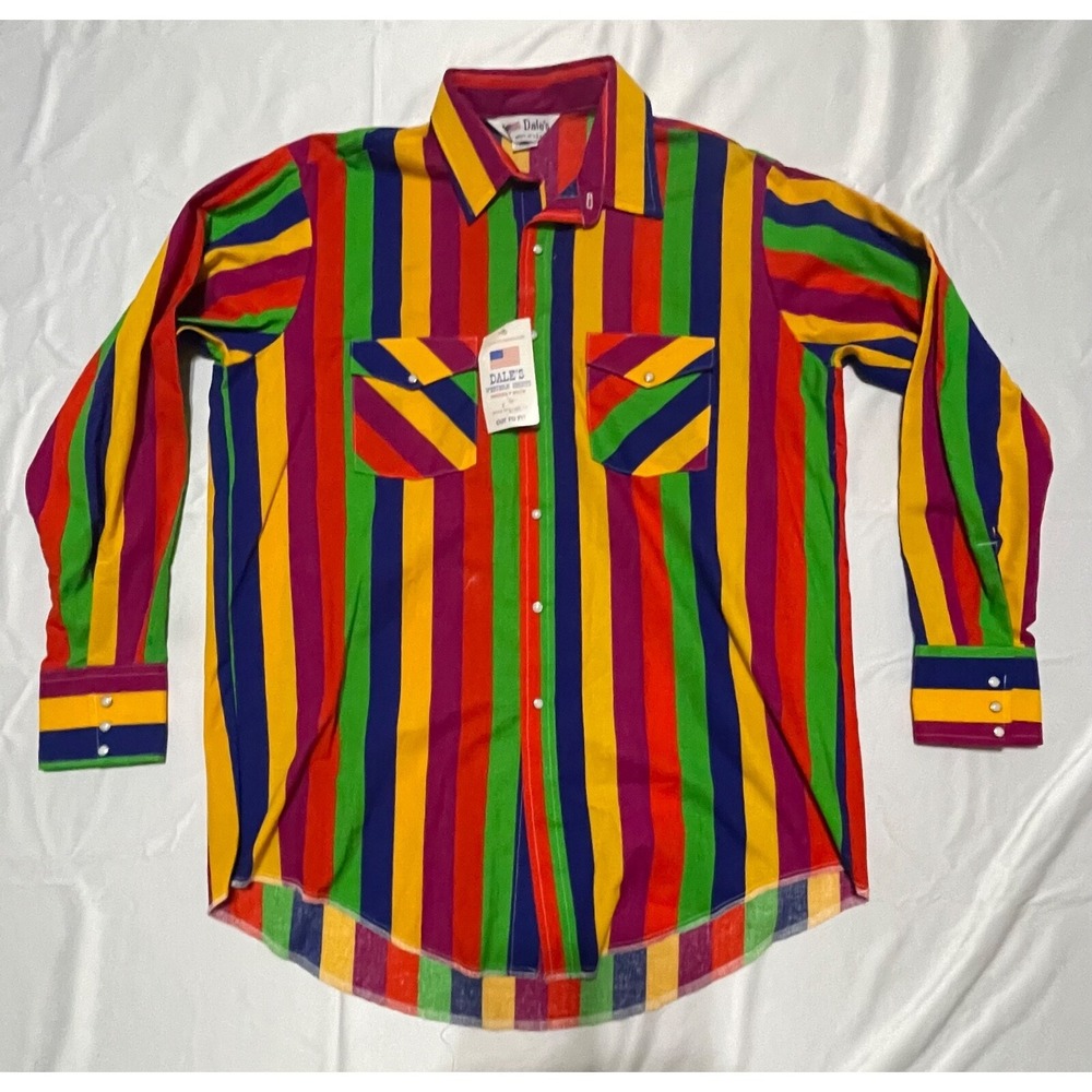 VINTAGE DALES‎ MENS STRIPED LONGSLEEVE SHIRT LARGE WITH TAGS PEARL BUTTONS